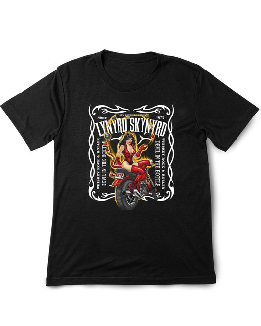 Black t-shirt with Lynyrd Skynyrd graphic design on a white background