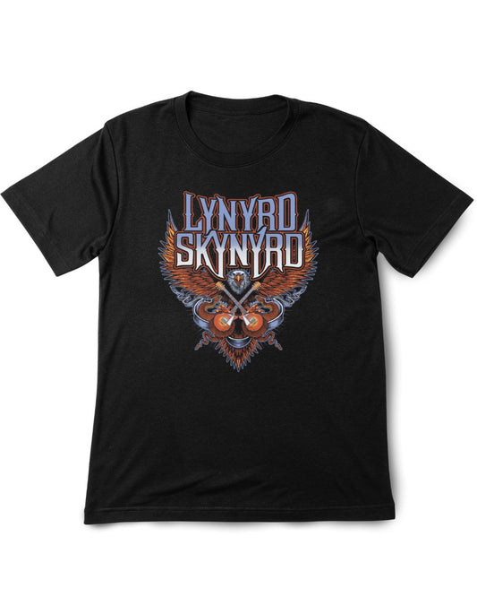 Black t-shirt with Lynyrd Skynyrd logo on a white background