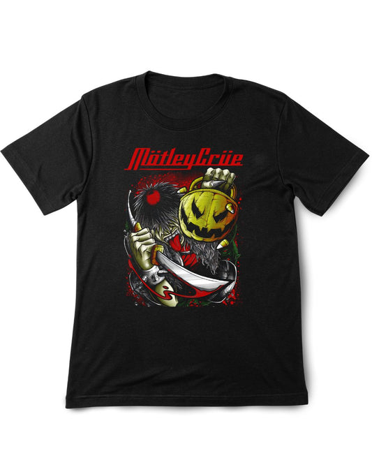 Black t-shirt with a graphic design featuring a knife, glove, and 'Mötley Crüe' text on a white background.