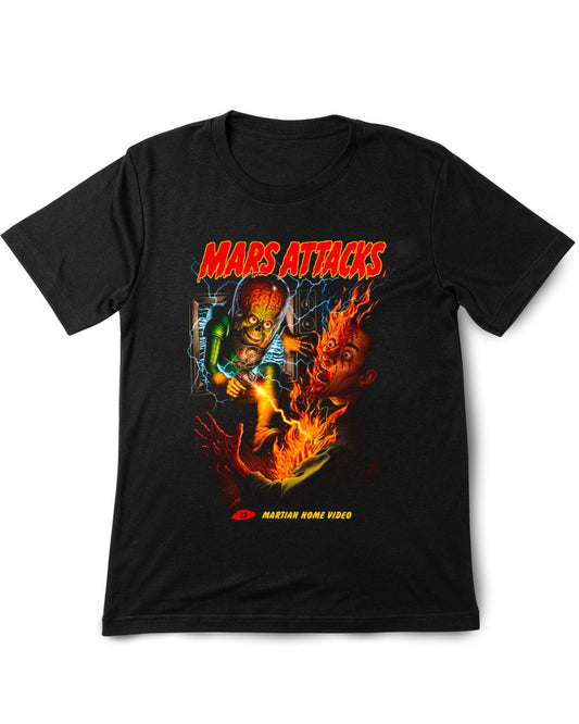 Black t-shirt with 'Mars Attacks' graphic design featuring a fiery battle scene.