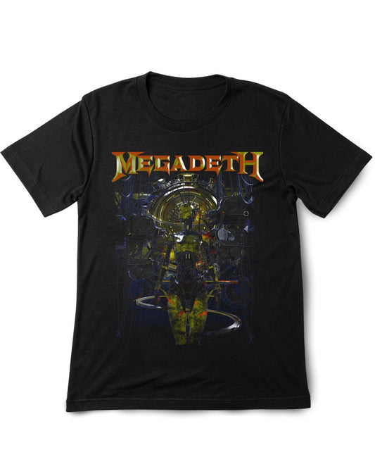 Black t-shirt with Megadeth logo and graphic design on a white background