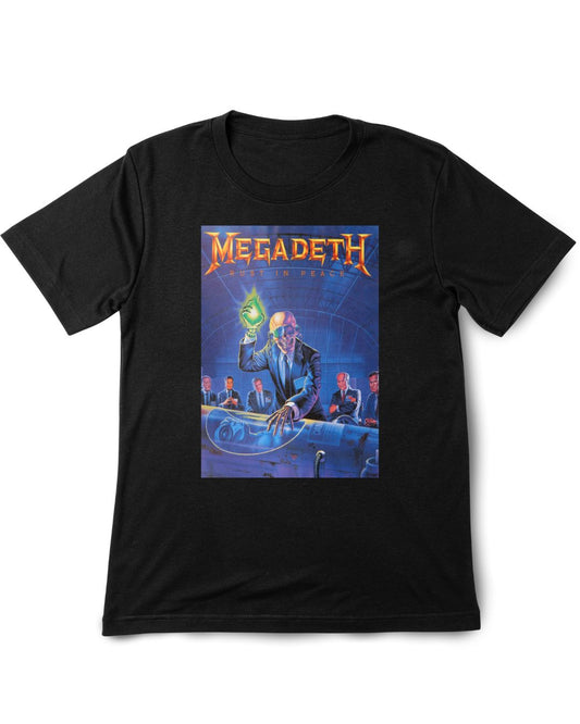 Black t-shirt with Megadeth graphic design on a white background