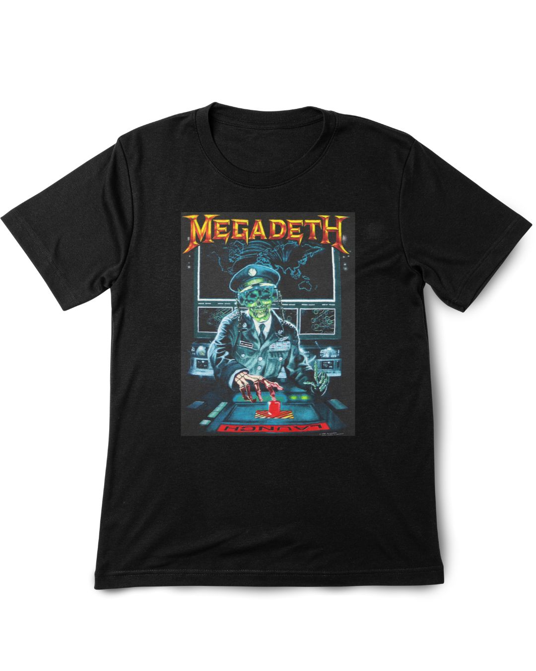 Black t-shirt with Megadeth graphic design on a white background