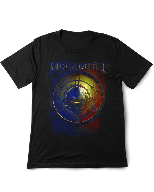 Black t-shirt with Megadeth logo and colorful design on a white background