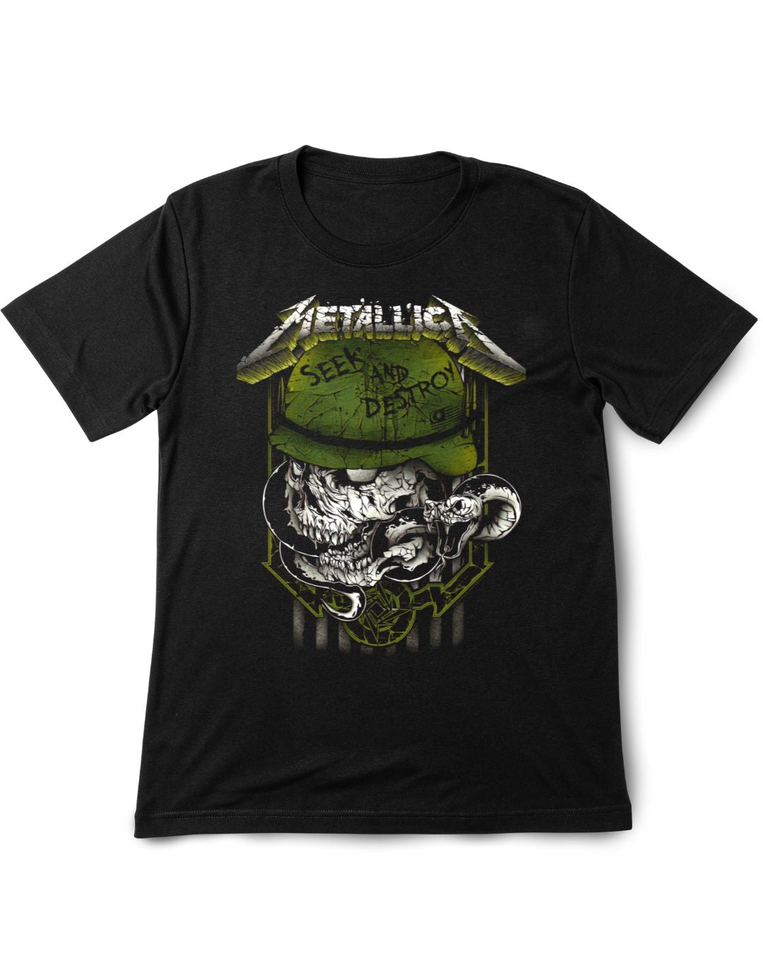 Black t-shirt with Metallica graphic design featuring a skull and green hat on a white background