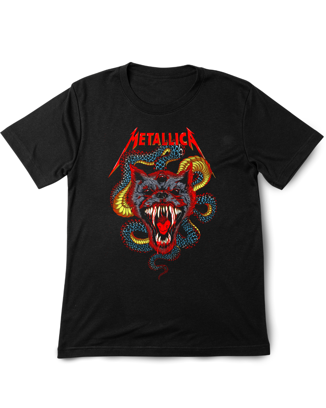 Black t-shirt with Metallica logo and wolf design on a white background