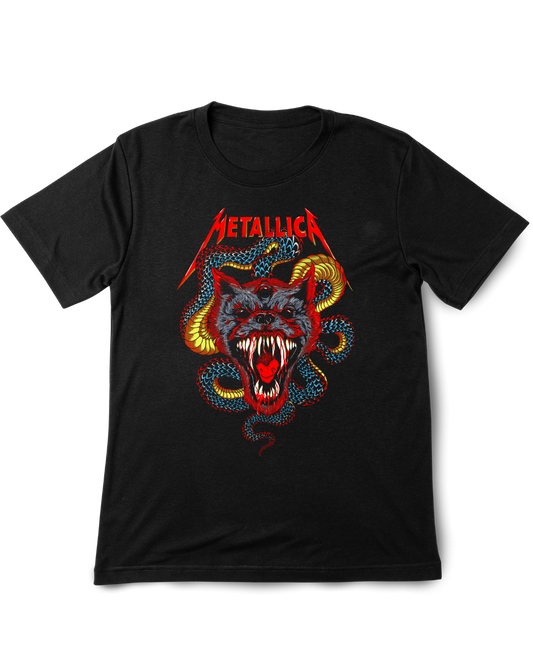 Black t-shirt with Metallica logo and wolf design on a white background