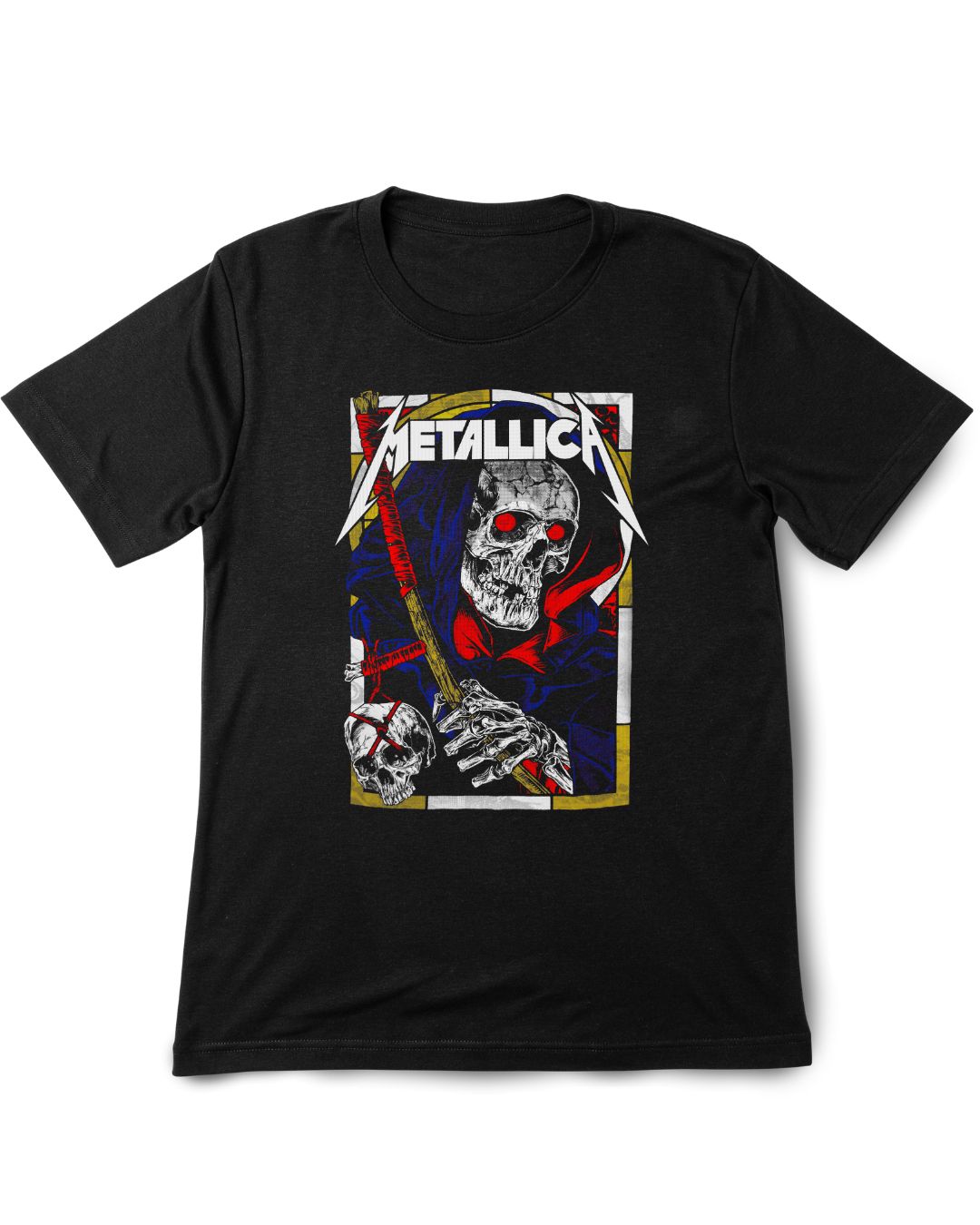 Black t-shirt with Metallica graphic design on a white background