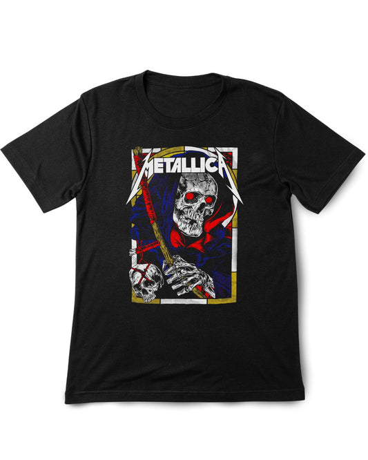 Black t-shirt with Metallica graphic design on a white background