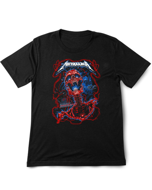Black t-shirt with a graphic design featuring a skull and the Metallica logo on a white background.