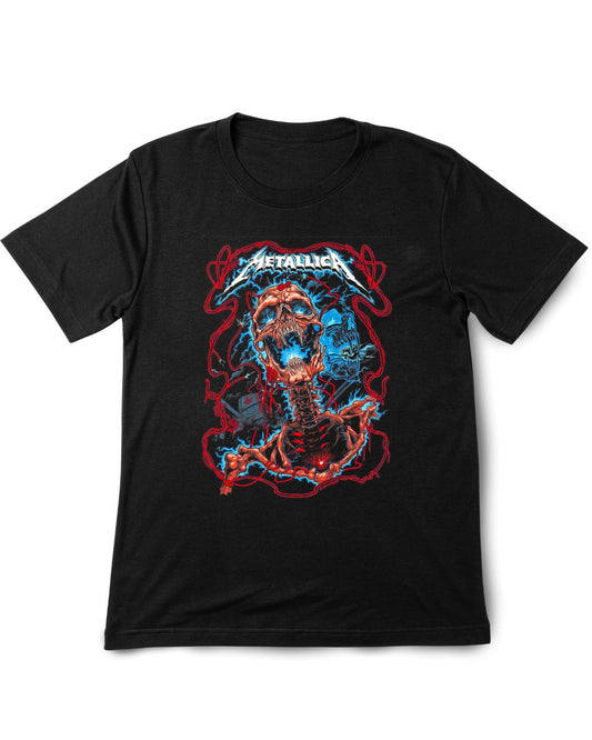Metallica 6 Vintage Printed Tee Shirt Black t-shirt with a colorful graphic design on a white background