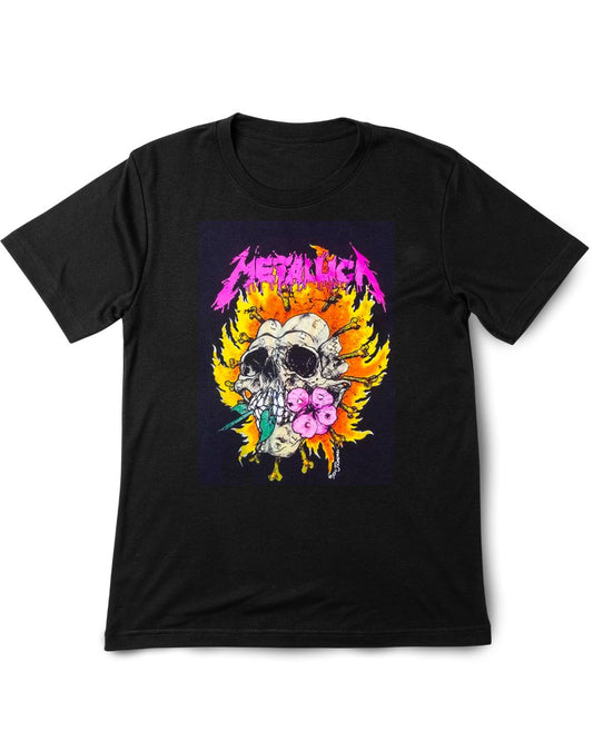 Black t-shirt with colorful skull design and 'Metallica' logo on a white background
