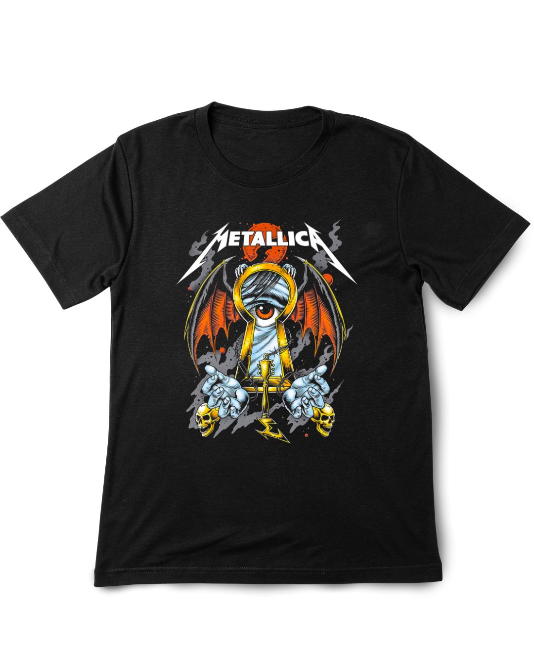 Black t-shirt with Metallica graphic design on a white background
