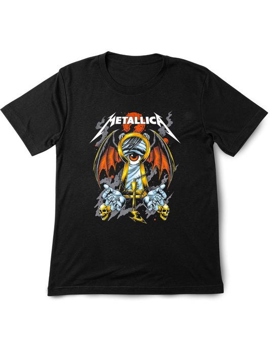 Black t-shirt with Metallica graphic design on a white background