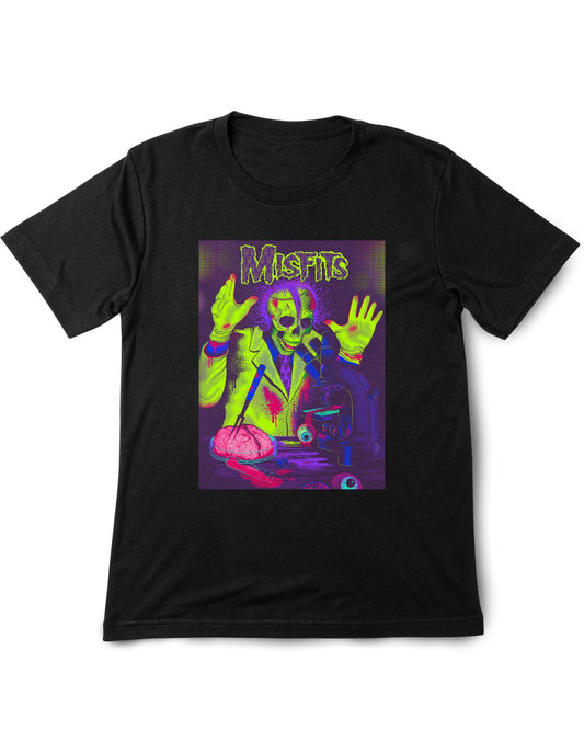 Black t-shirt with a colorful graphic design featuring a skeleton and the word 'Misfits' on a white background.