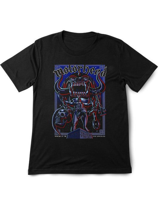 Black t-shirt with a graphic design featuring a robot and 'Motorhead' text on a white background
