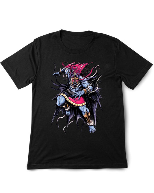 Black t-shirt with a colorful graphic design on a white background