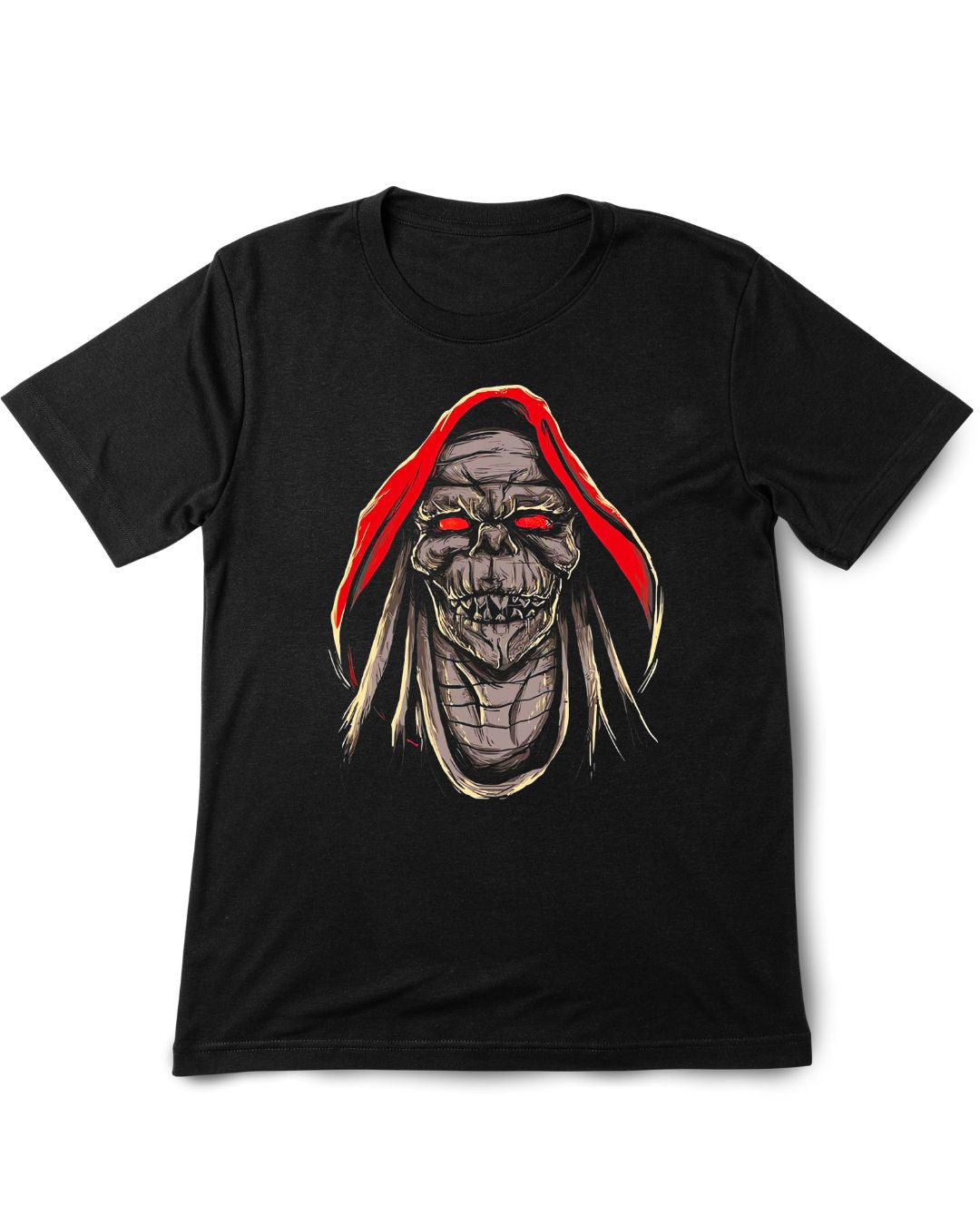 Black t-shirt with a graphic of a hooded figure with red eyes on a white background