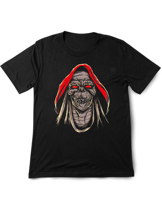 Black t-shirt with a graphic of a hooded figure with red eyes on a white background