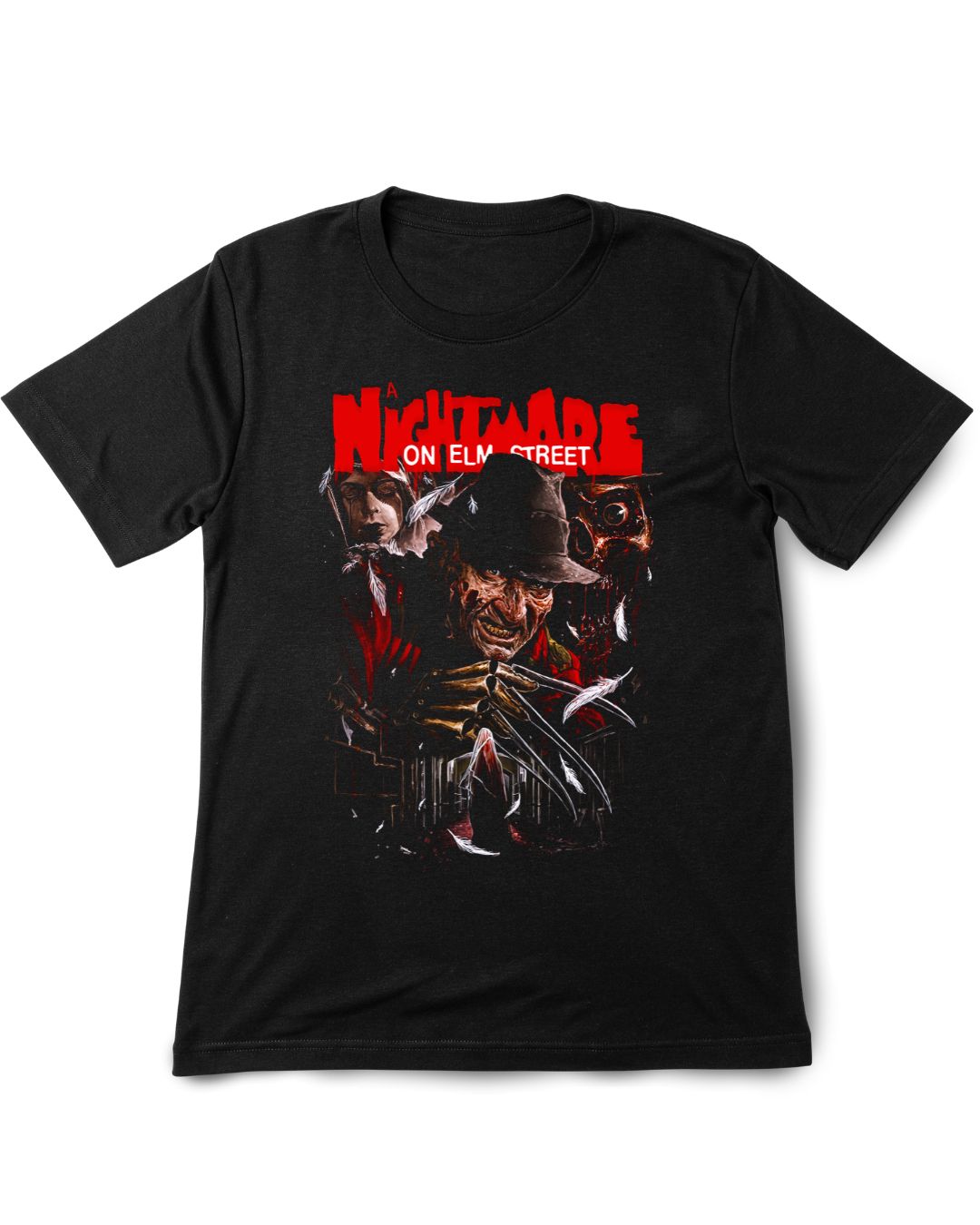 Black t-shirt with 'Nightmare on Elm Street' graphic design featuring Freddy Krueger.