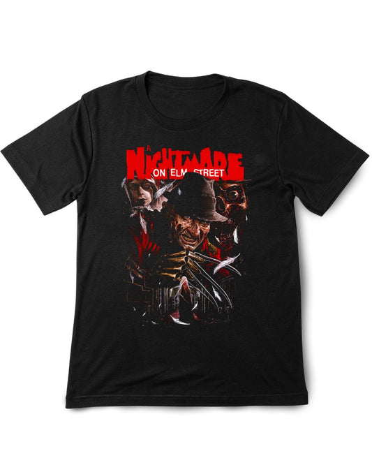 Black t-shirt with 'Nightmare on Elm Street' graphic design featuring Freddy Krueger.