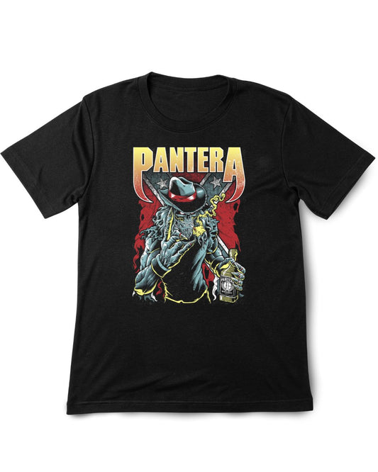 Black t-shirt with Pantera graphic design on a white background
