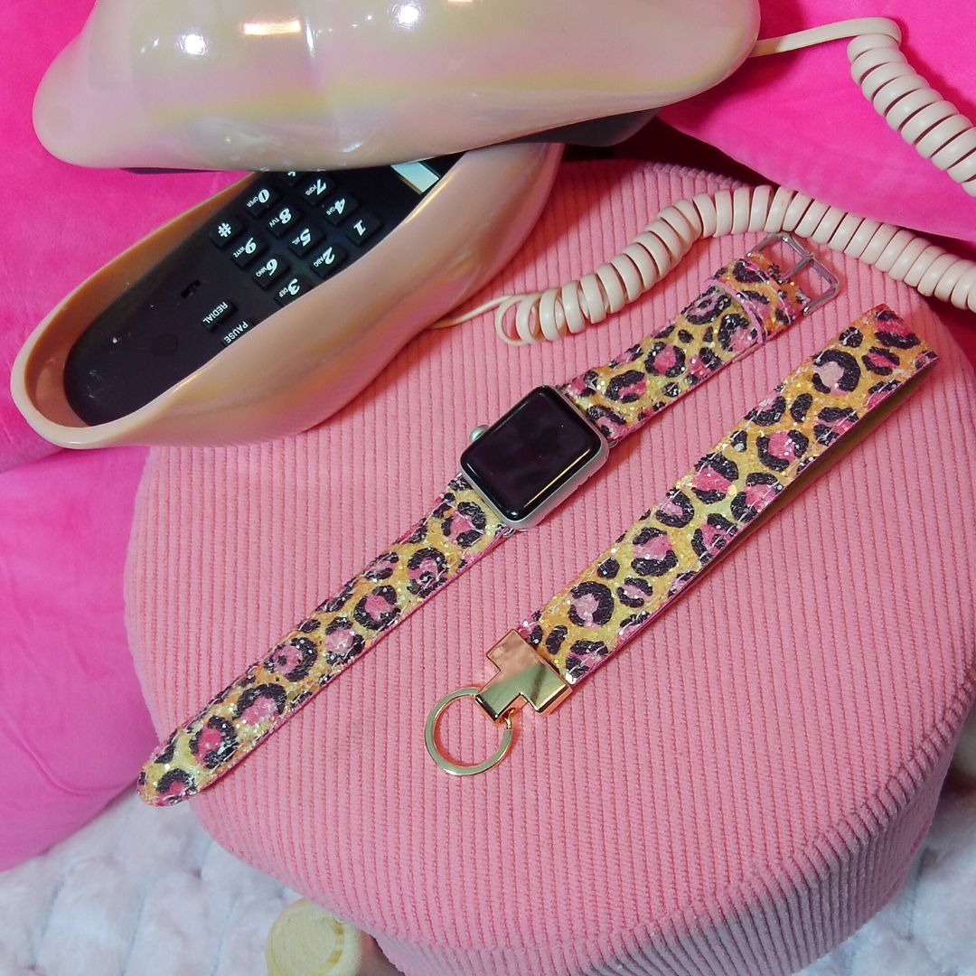 Pink Leopard Apple Watch Band Glitter with lips telephone