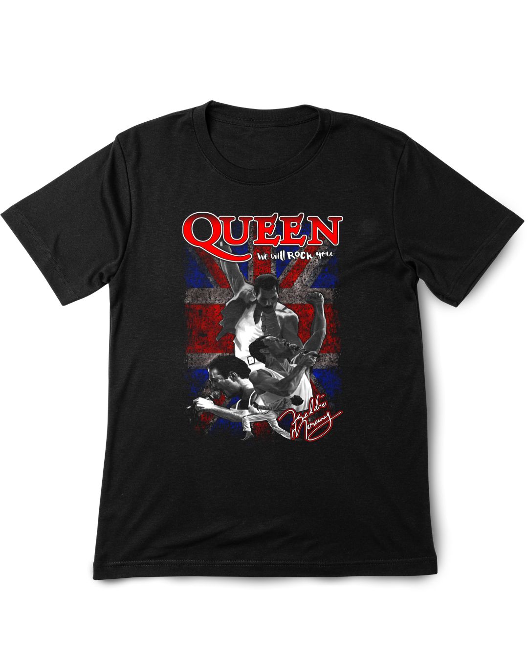 Black t-shirt with Queen band graphic design on a white background