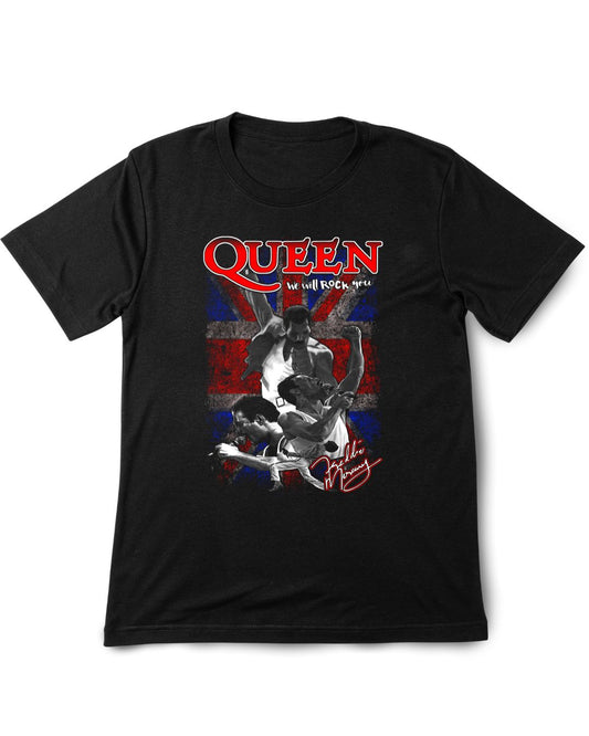 Black t-shirt with Queen band graphic design on a white background