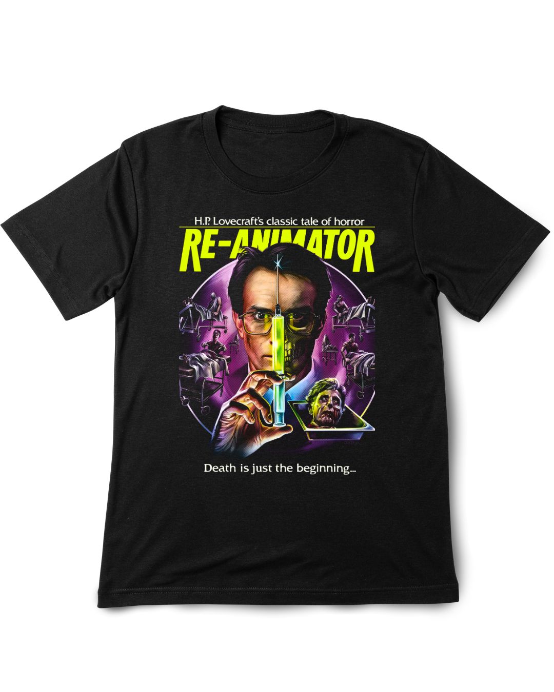 Black t-shirt with 'Re-Animator' movie poster design featuring a person holding a green light bulb.