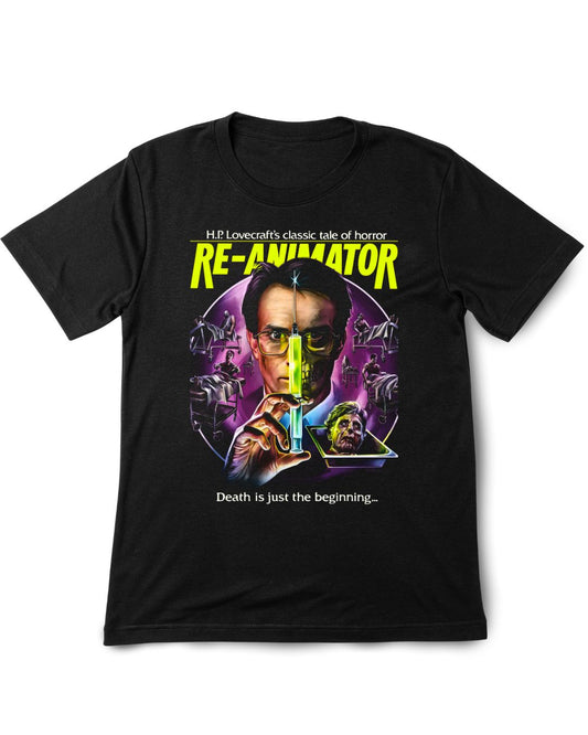 Black t-shirt with 'Re-Animator' movie poster design featuring a person holding a green light bulb.