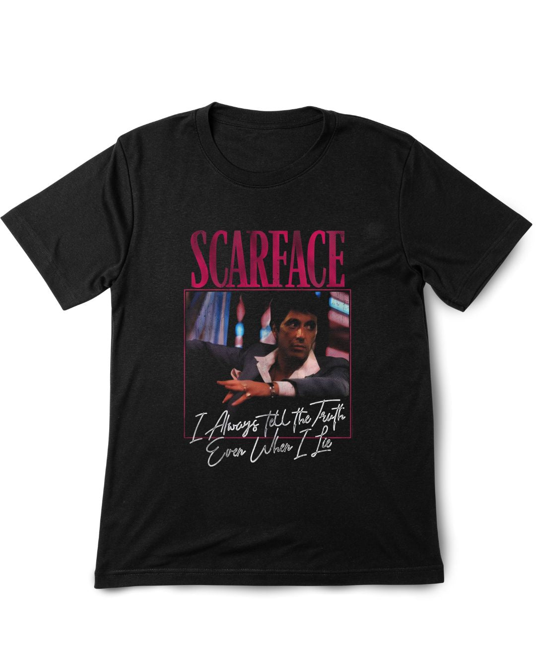 Black t-shirt with 'Scarface' graphic and text on a white background