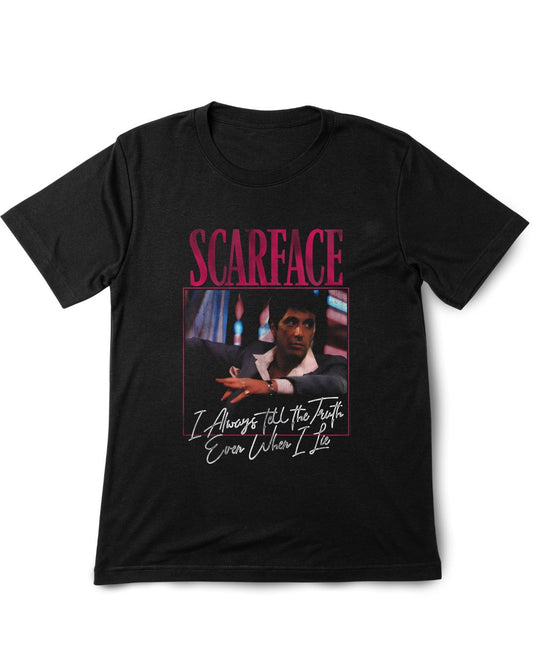 Black t-shirt with 'Scarface' graphic and text on a white background