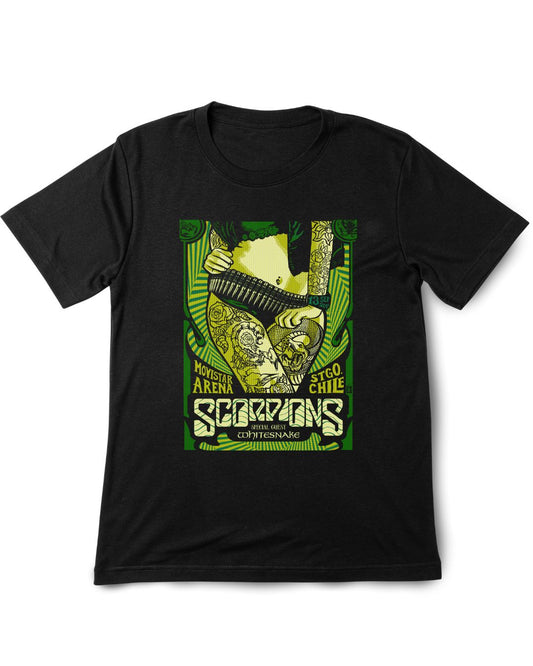 Black t-shirt with a graphic design featuring a skull and text on a white background