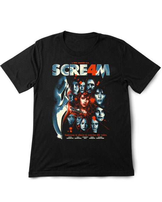 Black t-shirt with 'Scream 4' movie poster design on a white background
