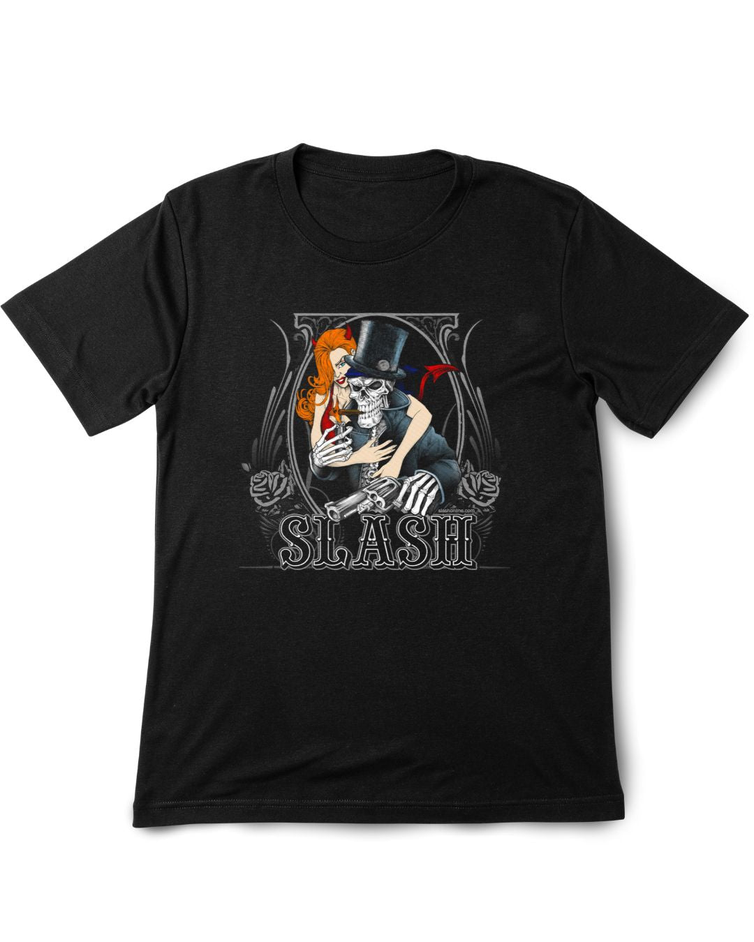 Slash Vintage Printed Tee Shirt Black t-shirt with graphic design featuring a skeleton and text on a white background