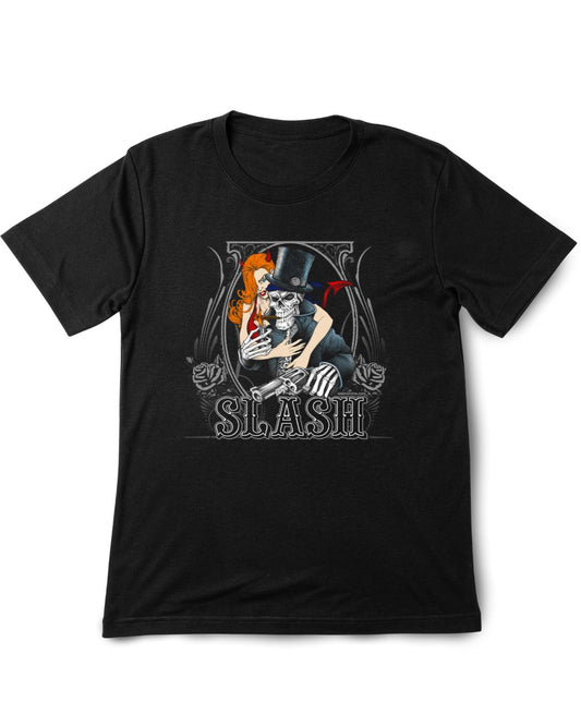 Slash Vintage Printed Tee Shirt Black t-shirt with graphic design featuring a skeleton and text on a white background