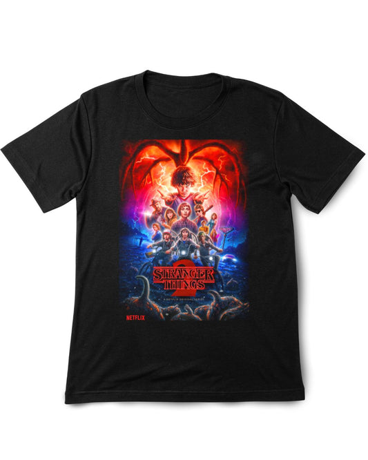Black t-shirt with 'Stranger Things' graphic design on a white background
