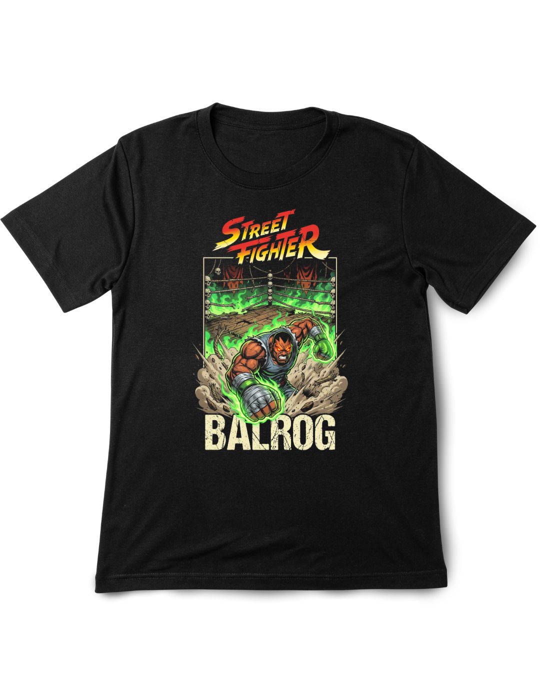 Black t-shirt with Street Fighter Balrog graphic design on a white background