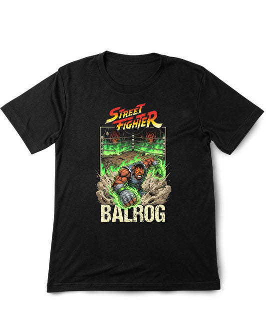 Black t-shirt with Street Fighter Balrog graphic design on a white background