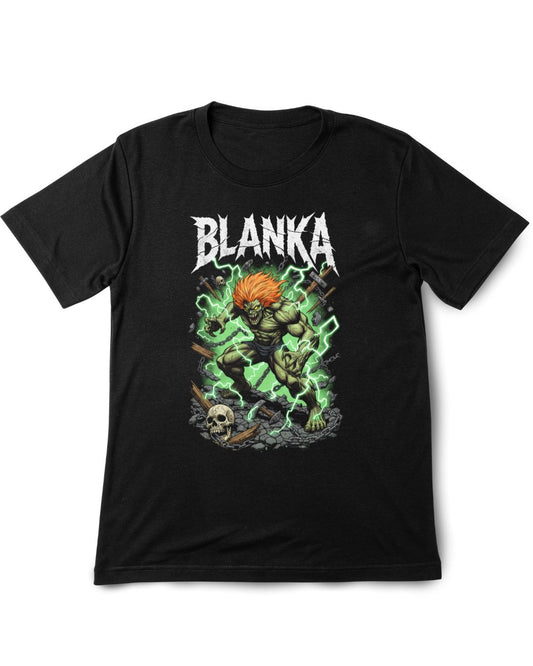 Black t-shirt with 'Blanka' graphic design on a white background