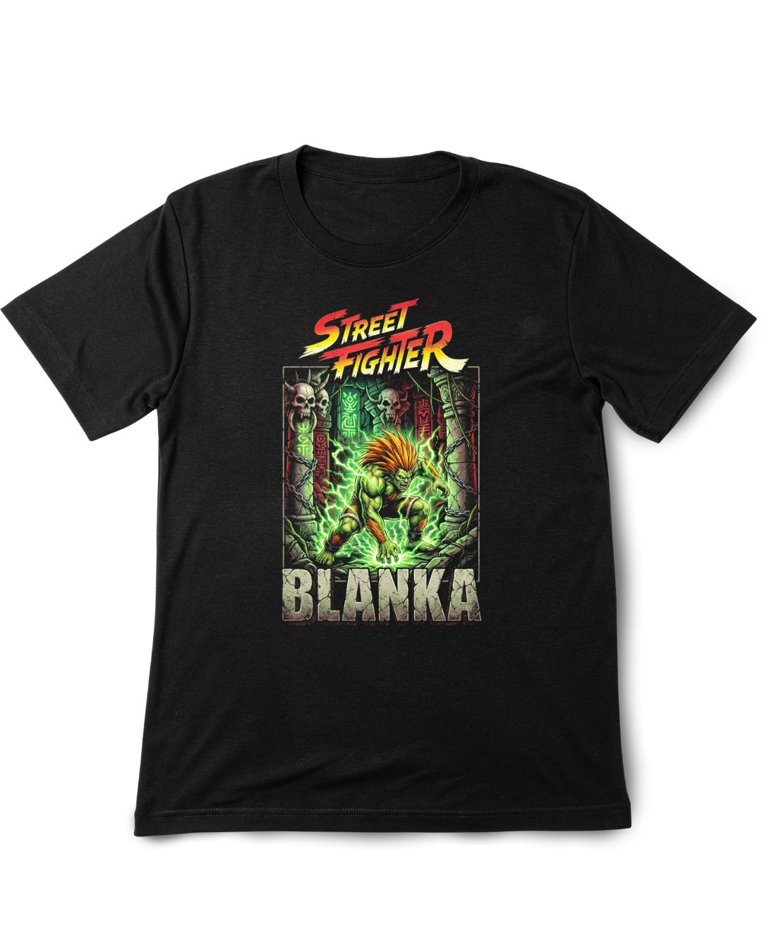 Black t-shirt with Street Fighter Blanka graphic design on a white background