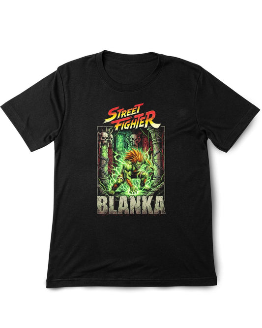 Black t-shirt with Street Fighter Blanka graphic design on a white background