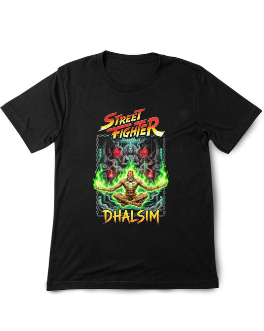 Black t-shirt with Street Fighter Dhalsim design on a white background