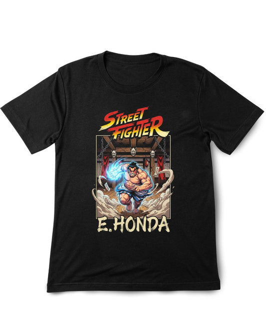 Black t-shirt with Street Fighter design featuring E. Honda on a white background