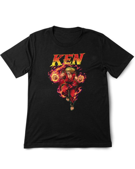 Black t-shirt with 'KEN' graphic design featuring flames and roses on a white background