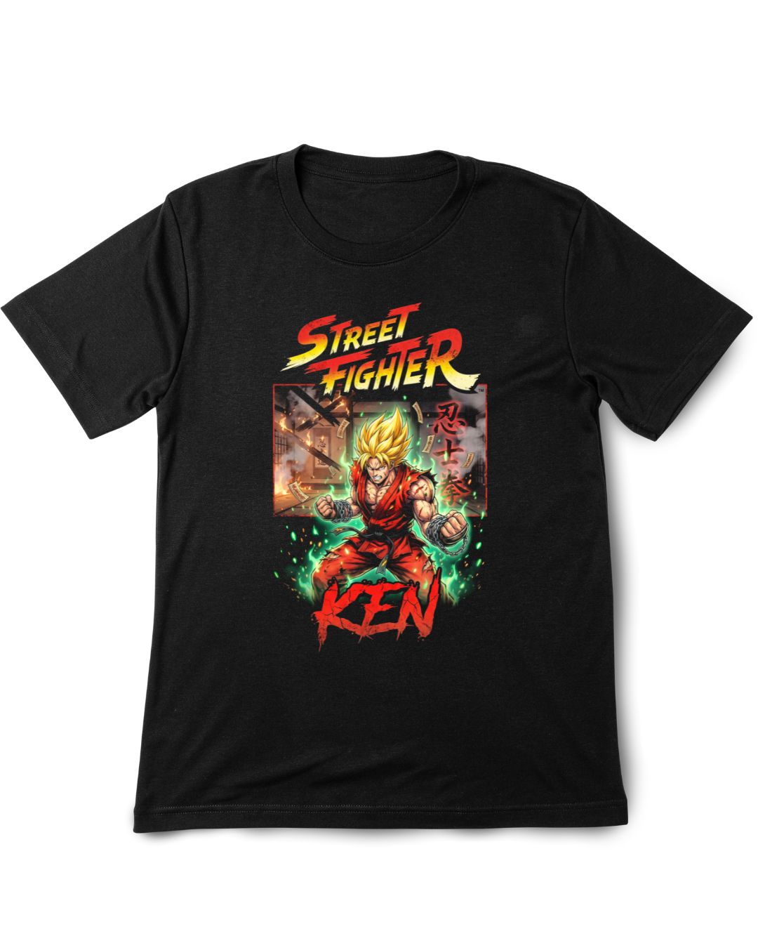 Black t-shirt with Street Fighter Ken graphic design on a white background