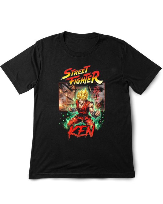 Black t-shirt with Street Fighter Ken graphic design on a white background