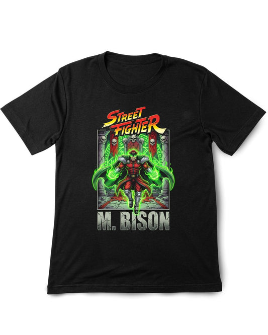 Black t-shirt with Street Fighter M. Bison graphic design on a white background