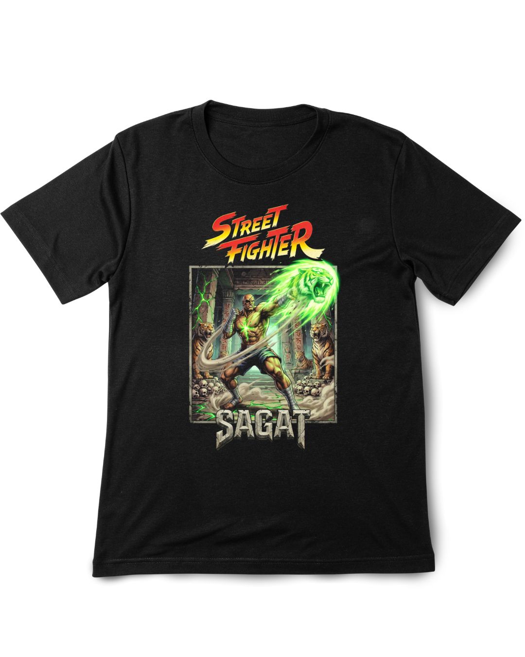 Black t-shirt with Street Fighter Sagat graphic on a white background
